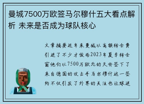曼城7500万欧签马尔穆什五大看点解析 未来是否成为球队核心